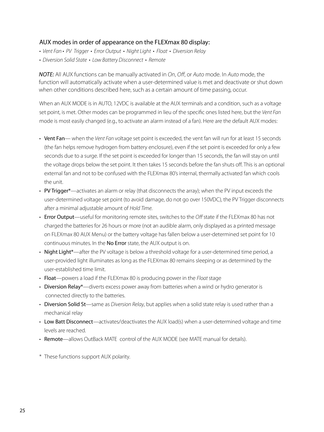 Outback Power Systems user manual AUX modes in order of appearance on the FLEXmax 80 display 