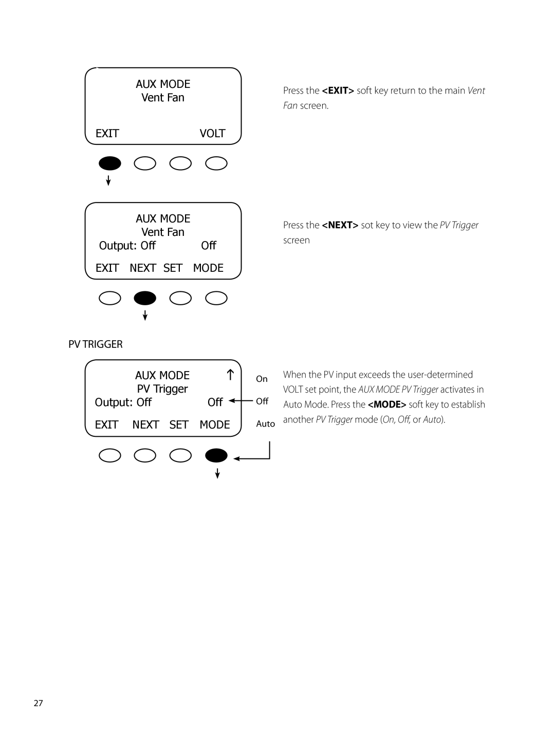 Outback Power Systems 80 user manual Exit Volt, Exit Next SET, PV Trigger Output Off, Fan screen 