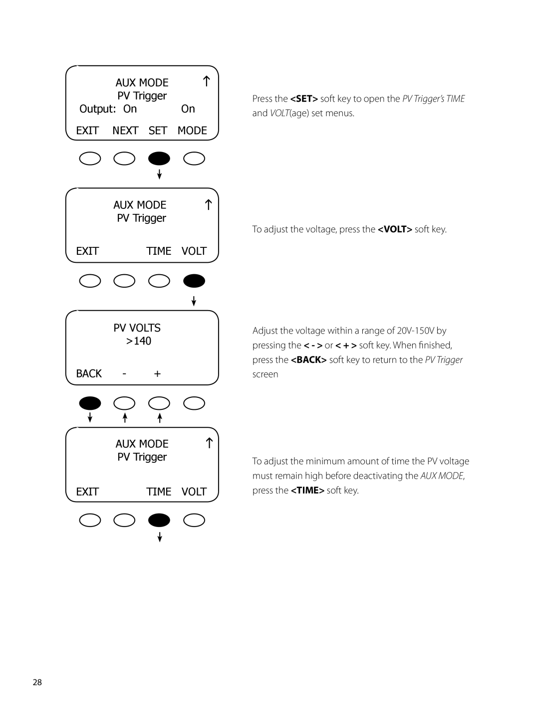 Outback Power Systems 80 user manual Output On, PV Trigger, Exit Time Volt PV Volts, VOLTage set menus 