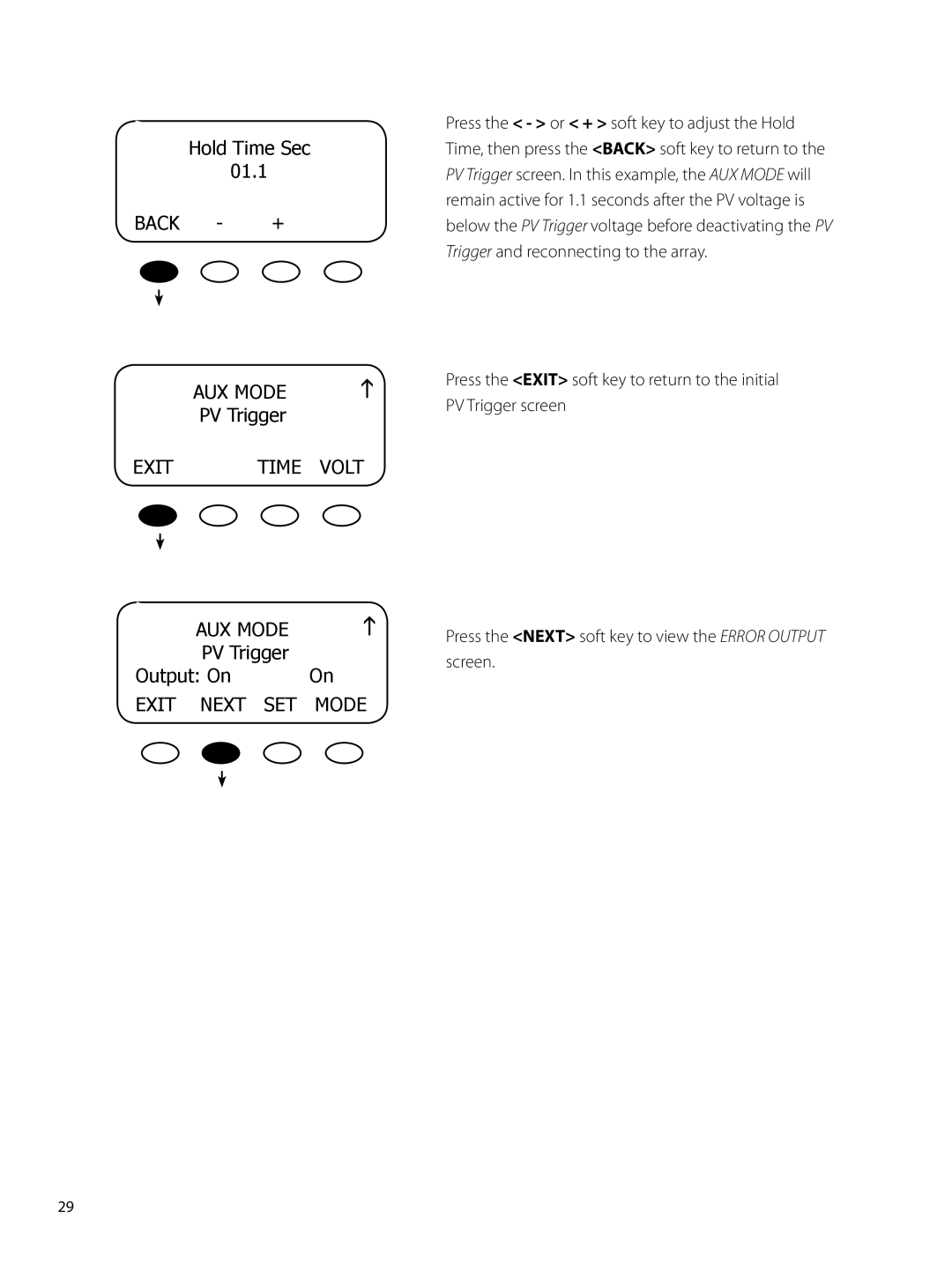 Outback Power Systems 80 user manual Hold Time Sec 01.1 Back +, PV Trigger Output On 