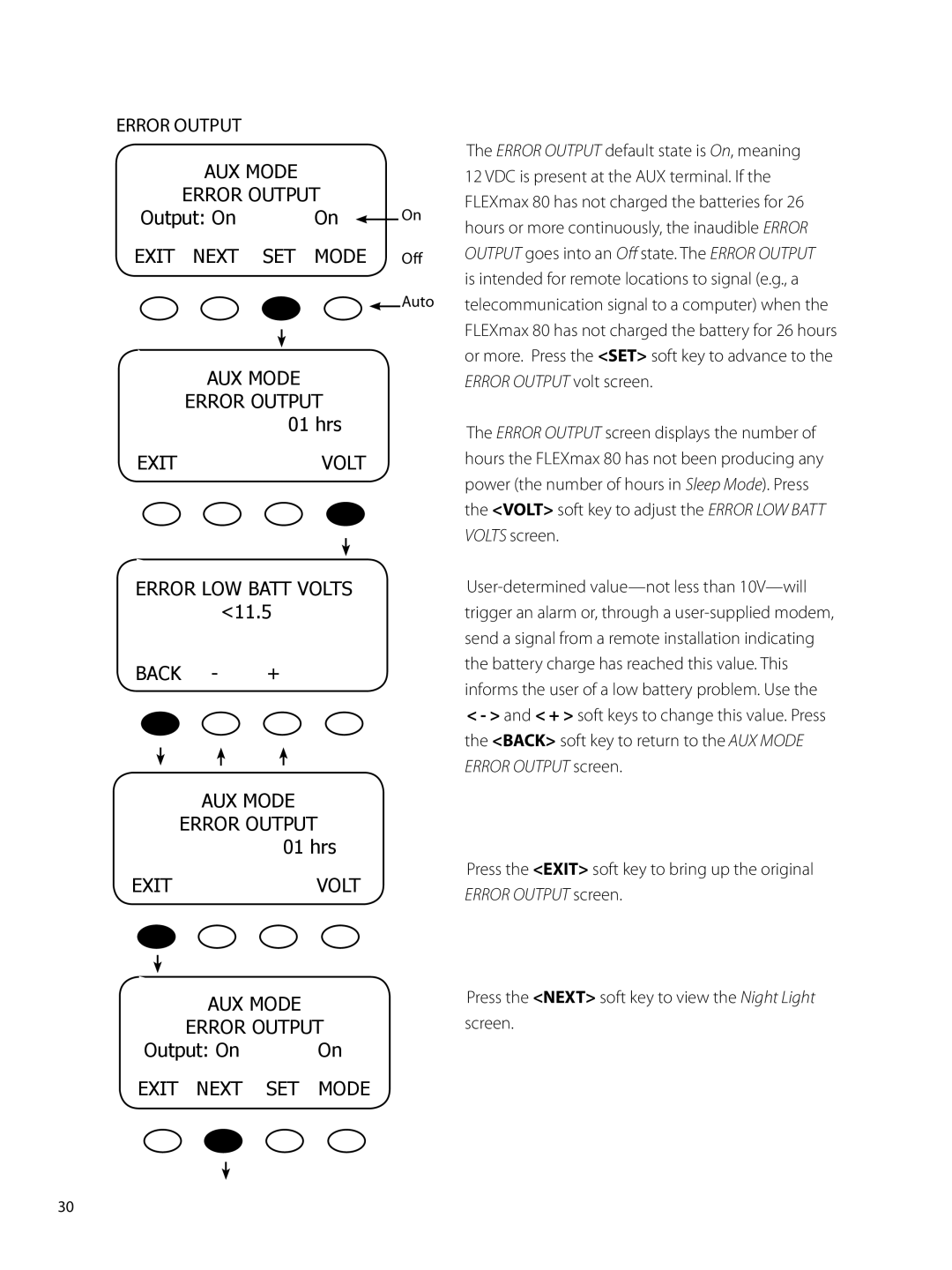 Outback Power Systems 80 user manual Error Output 01 hrs, Exitvolt Error LOW Batt Volts, Exitvolt AUX Mode Error Output 