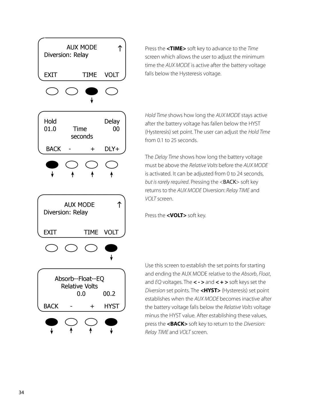 Outback Power Systems 80 user manual Diversion Relay, Hold Delay 01.0 Time Seconds, Back DLY+ AUX Mode, Back + Hyst 