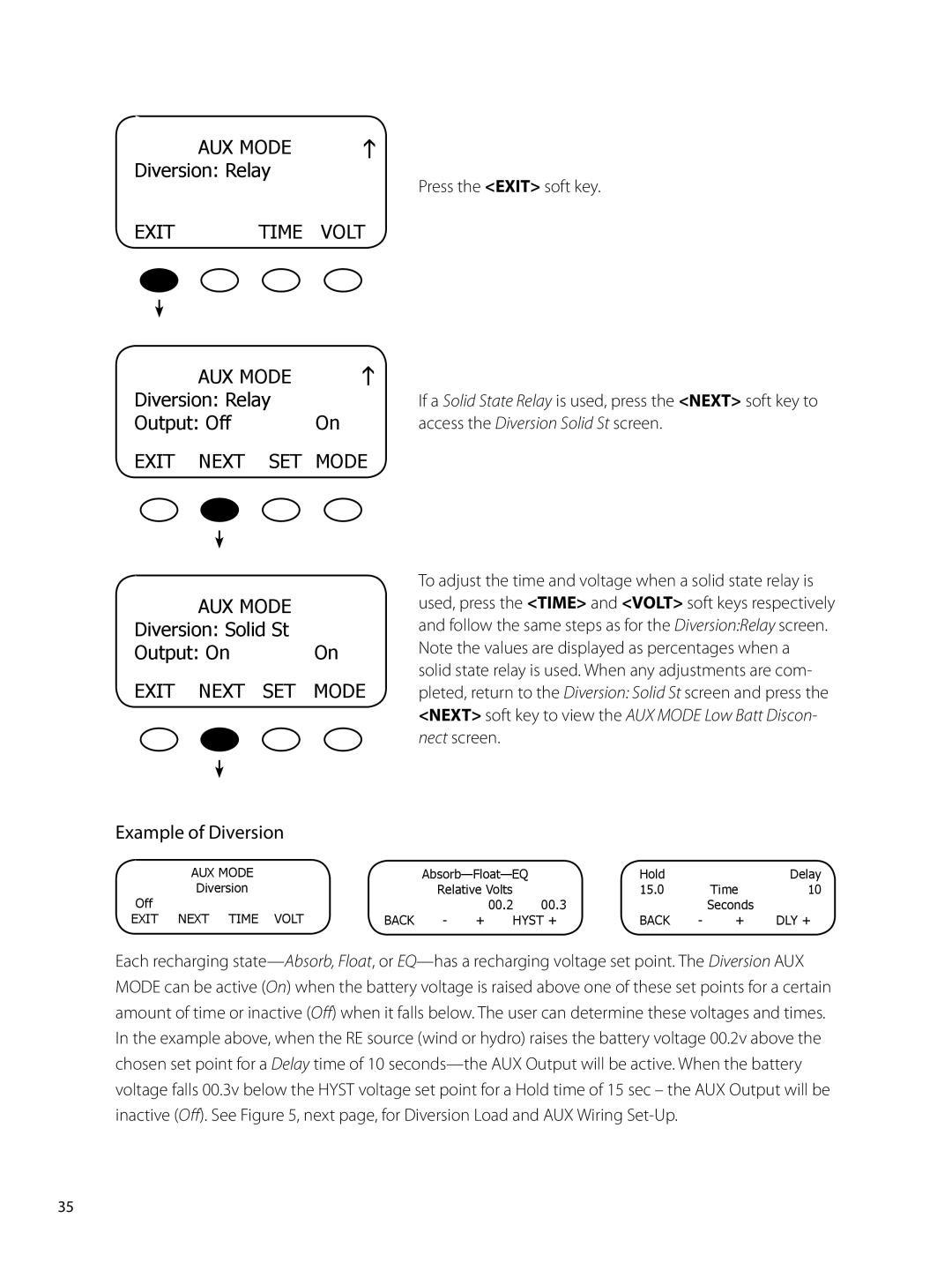 Outback Power Systems 80 user manual Exit Time Volt AUX Mode, Diversion Solid St Output On, Example of Diversion 