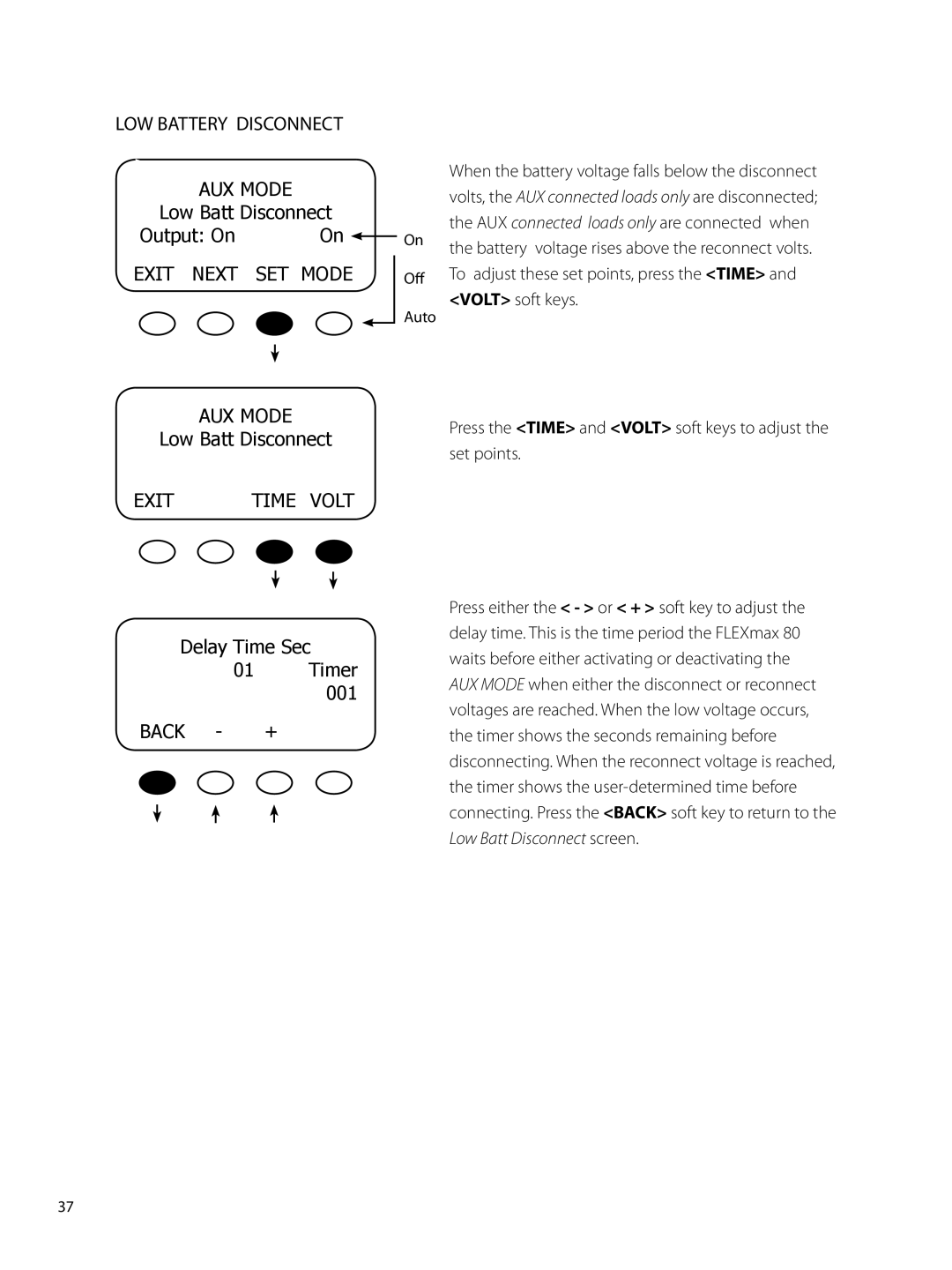 Outback Power Systems 80 user manual Low Batt Disconnect, Delay Time Sec Timer Back + 