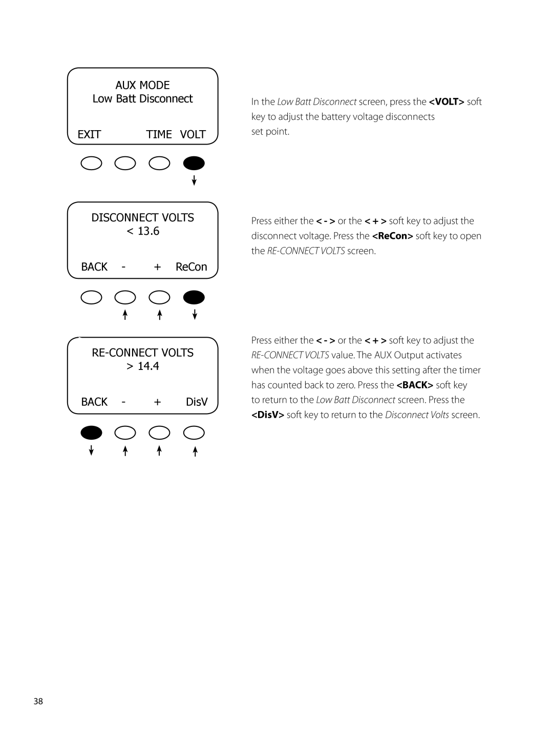 Outback Power Systems 80 user manual Exit Time Volt Disconnect Volts, Back, RE-CONNECT Volts 