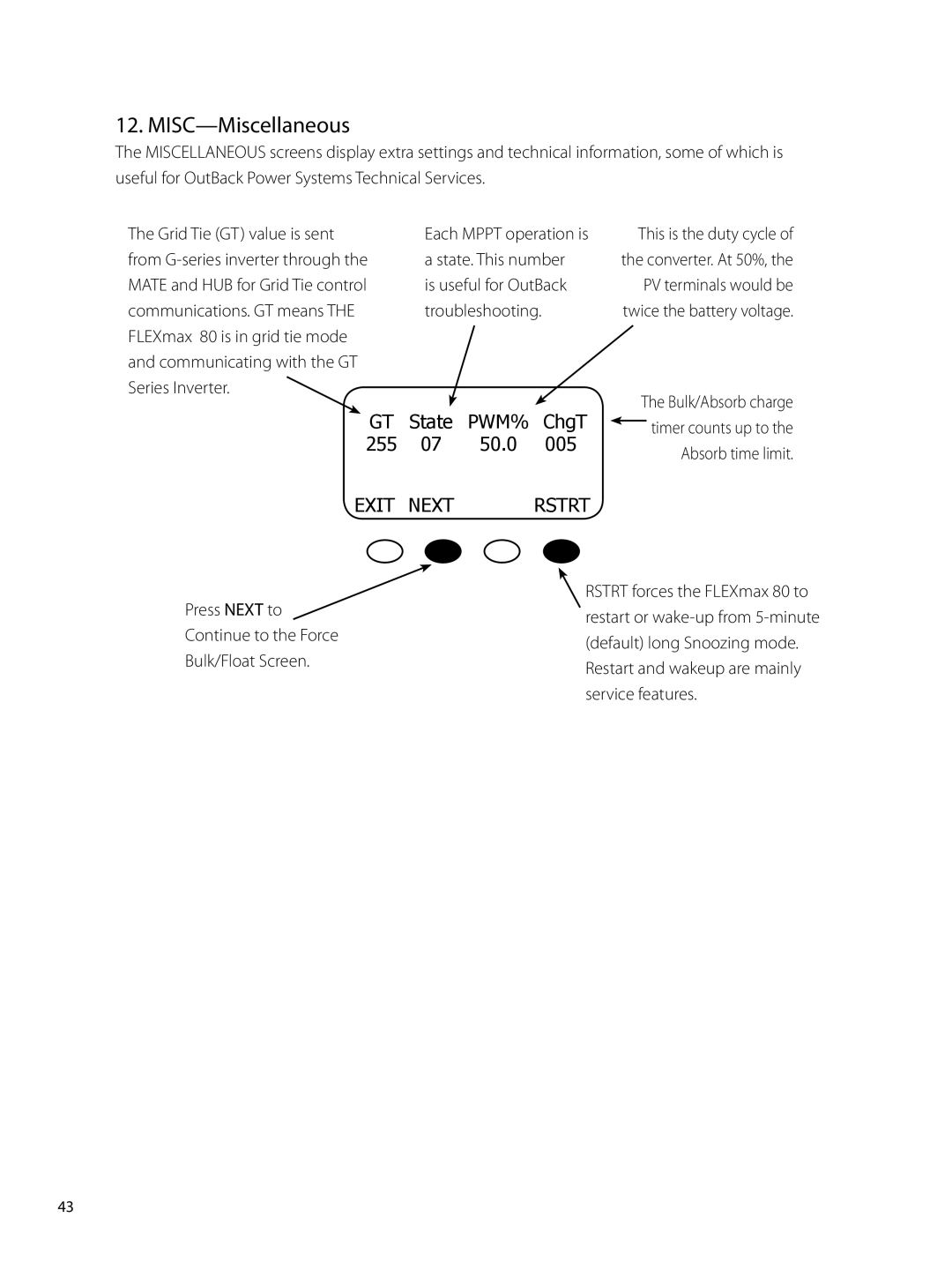 Outback Power Systems 80 user manual MISC-Miscellaneous, GT State PWM% ChgT 255 07 50.0, Exit Next 