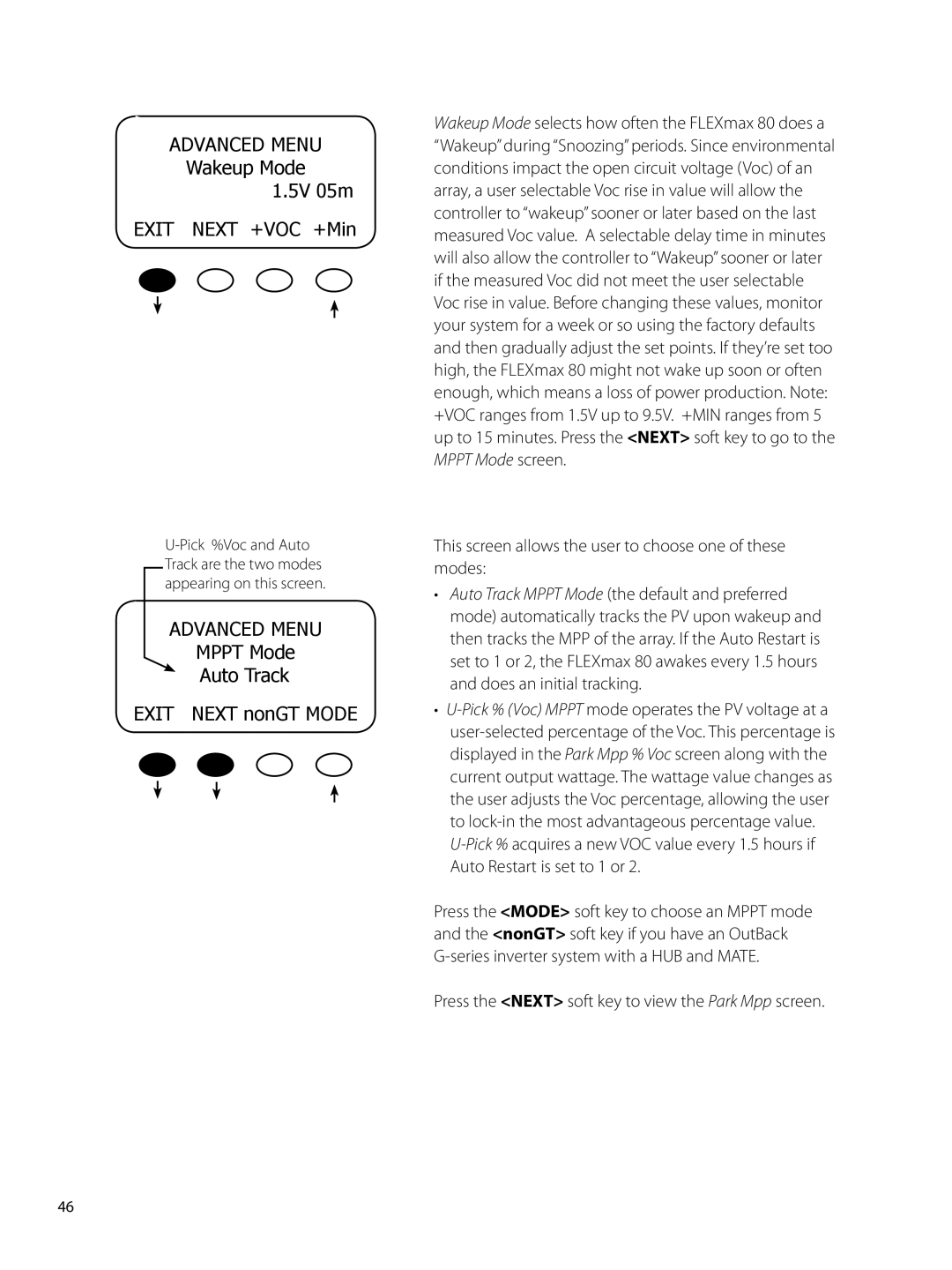 Outback Power Systems 80 user manual Wakeup Mode 1.5V 05m Exit Next +VOC +Min, Mppt Mode Auto Track Exit Next nonGT Mode 
