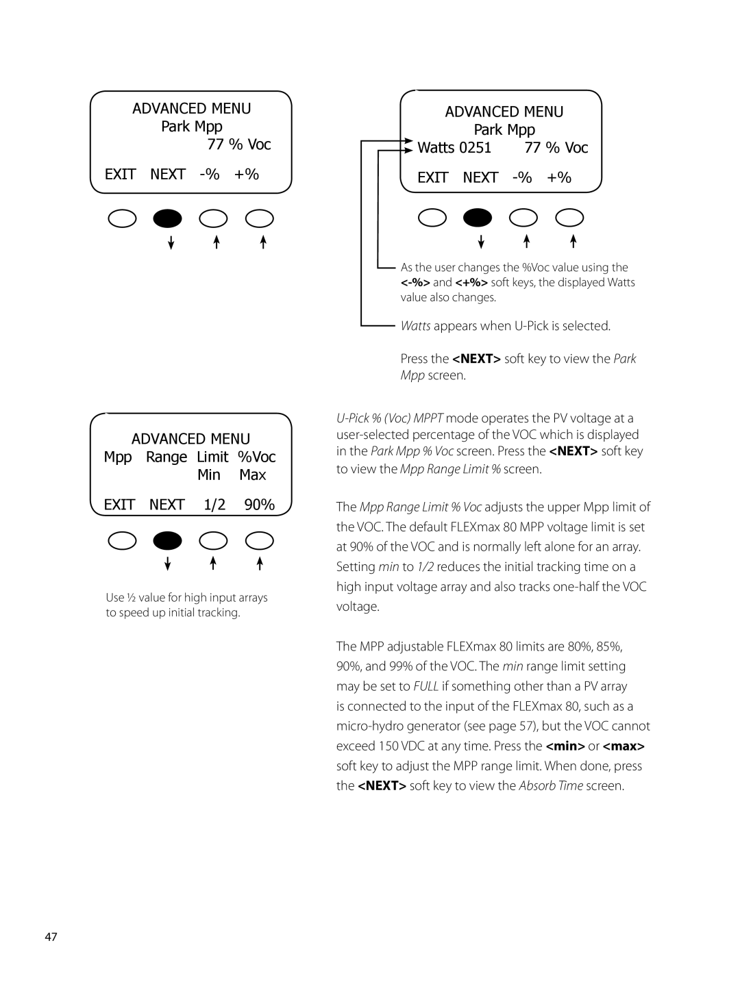 Outback Power Systems 80 Park Mpp 77 % Voc, Exit Next -% +% Advanced Menu, Mpp Range Limit %Voc Min Max Exit Next 1/2 90% 