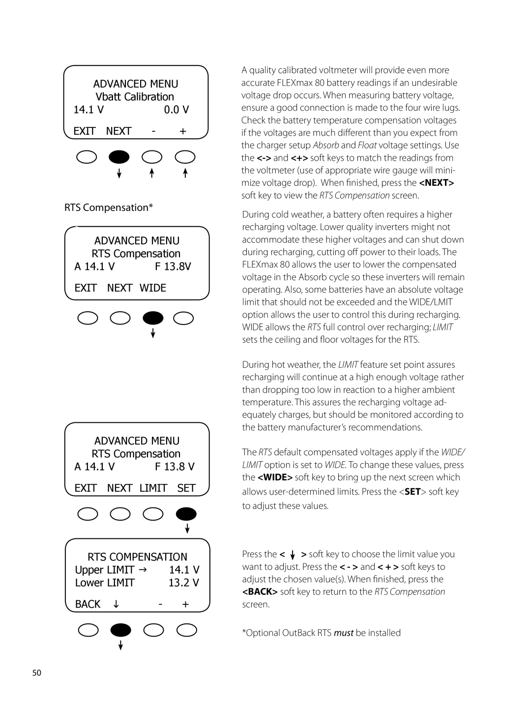 Outback Power Systems 80 user manual Vbatt Calibration 14.1, RTS Compensation 14.1, Exit Next Wide Advanced Menu 