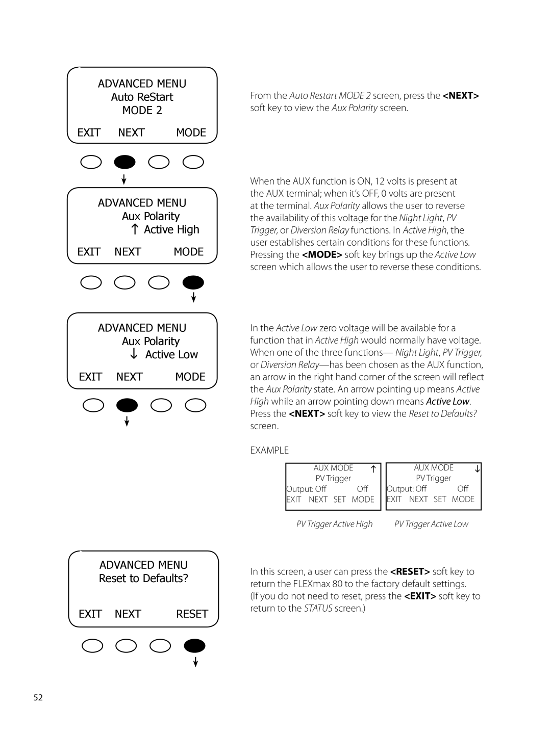 Outback Power Systems 80 user manual Aux Polarity, Exit Next Mode Advanced Menu, Reset to Defaults? 