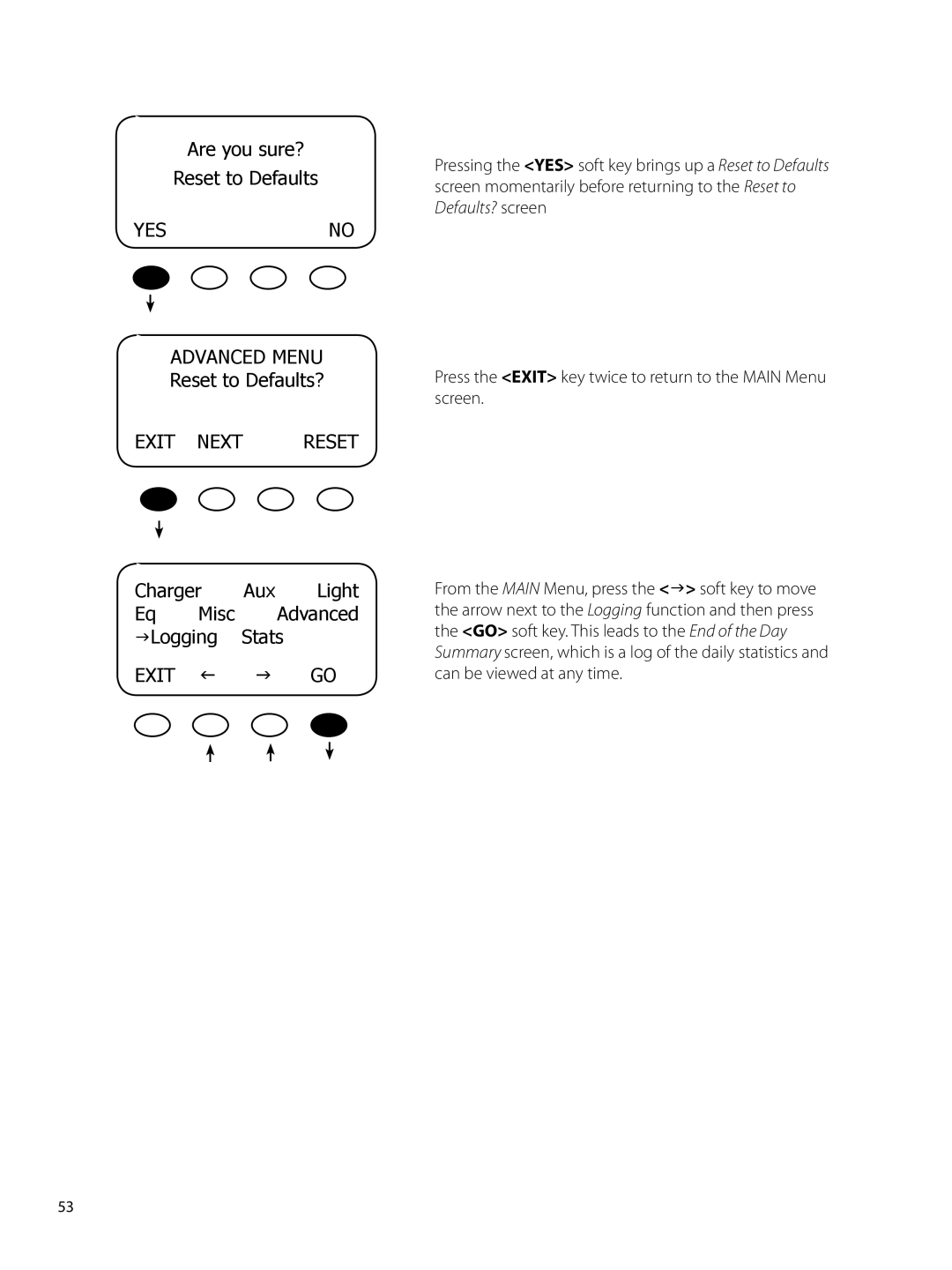 Outback Power Systems 80 user manual Are you sure? Reset to Defaults, Yesno Advanced Menu, Charger, GLogging Stats 