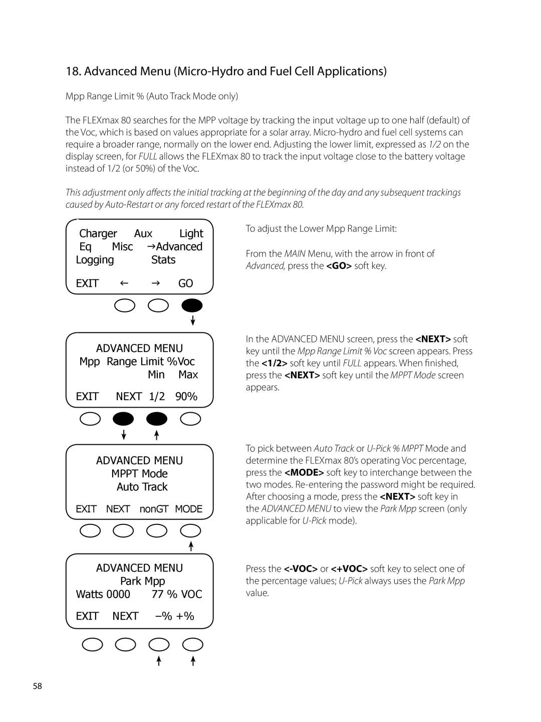 Outback Power Systems 80 Advanced Menu Micro-Hydro and Fuel Cell Applications, Mppt Mode Auto Track, Park Mpp Watts 