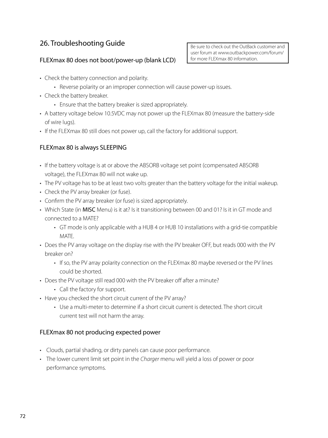 Outback Power Systems Troubleshooting Guide, FLEXmax 80 does not boot/power-up blank LCD, FLEXmax 80 is always Sleeping 