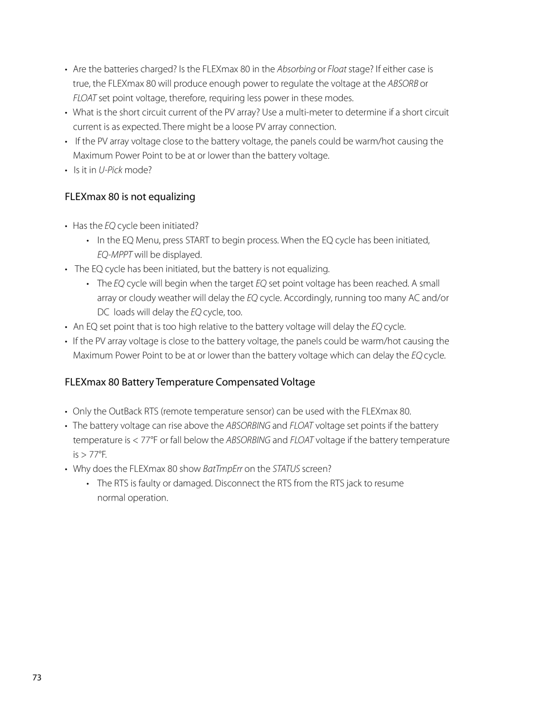 Outback Power Systems user manual FLEXmax 80 is not equalizing, FLEXmax 80 Battery Temperature Compensated Voltage 