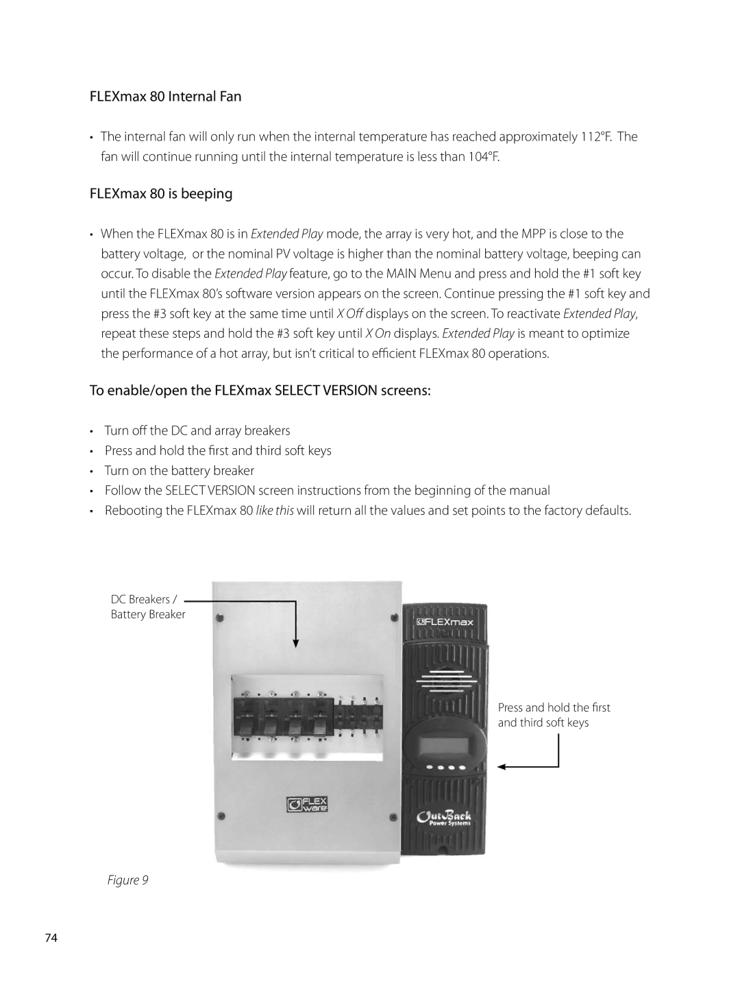 Outback Power Systems FLEXmax 80 Internal Fan, FLEXmax 80 is beeping, To enable/open the FLEXmax Select Version screens 