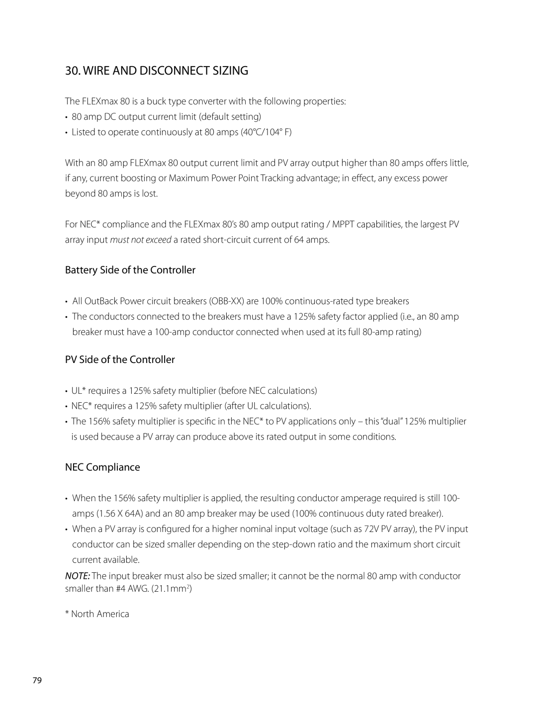 Outback Power Systems 80 user manual Wire and Disconnect Sizing, Battery Side of the Controller, PV Side of the Controller 