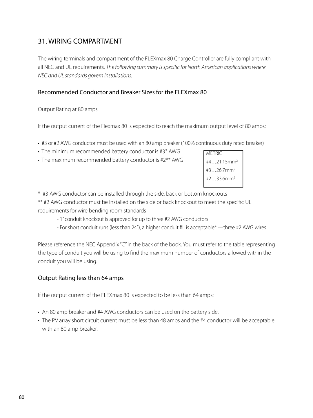 Outback Power Systems 80 user manual Wiring Compartment, Recommended Conductor and Breaker Sizes for the FLEXmax 