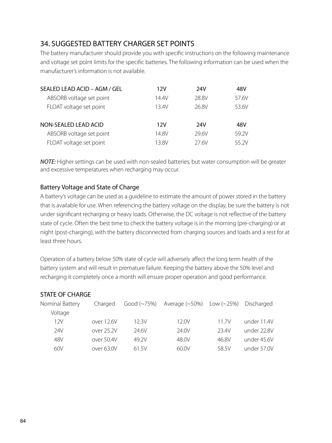 Outback Power Systems 80 user manual Suggested Battery Charger SET Points, Battery Voltage and State of Charge 