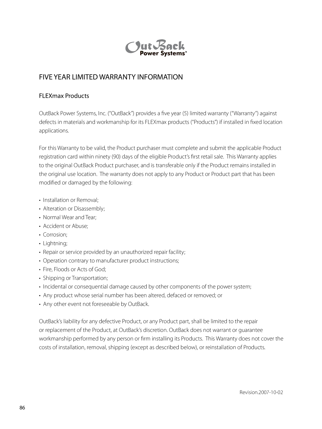 Outback Power Systems 80 user manual Five Year Limited Warranty Information, FLEXmax Products 