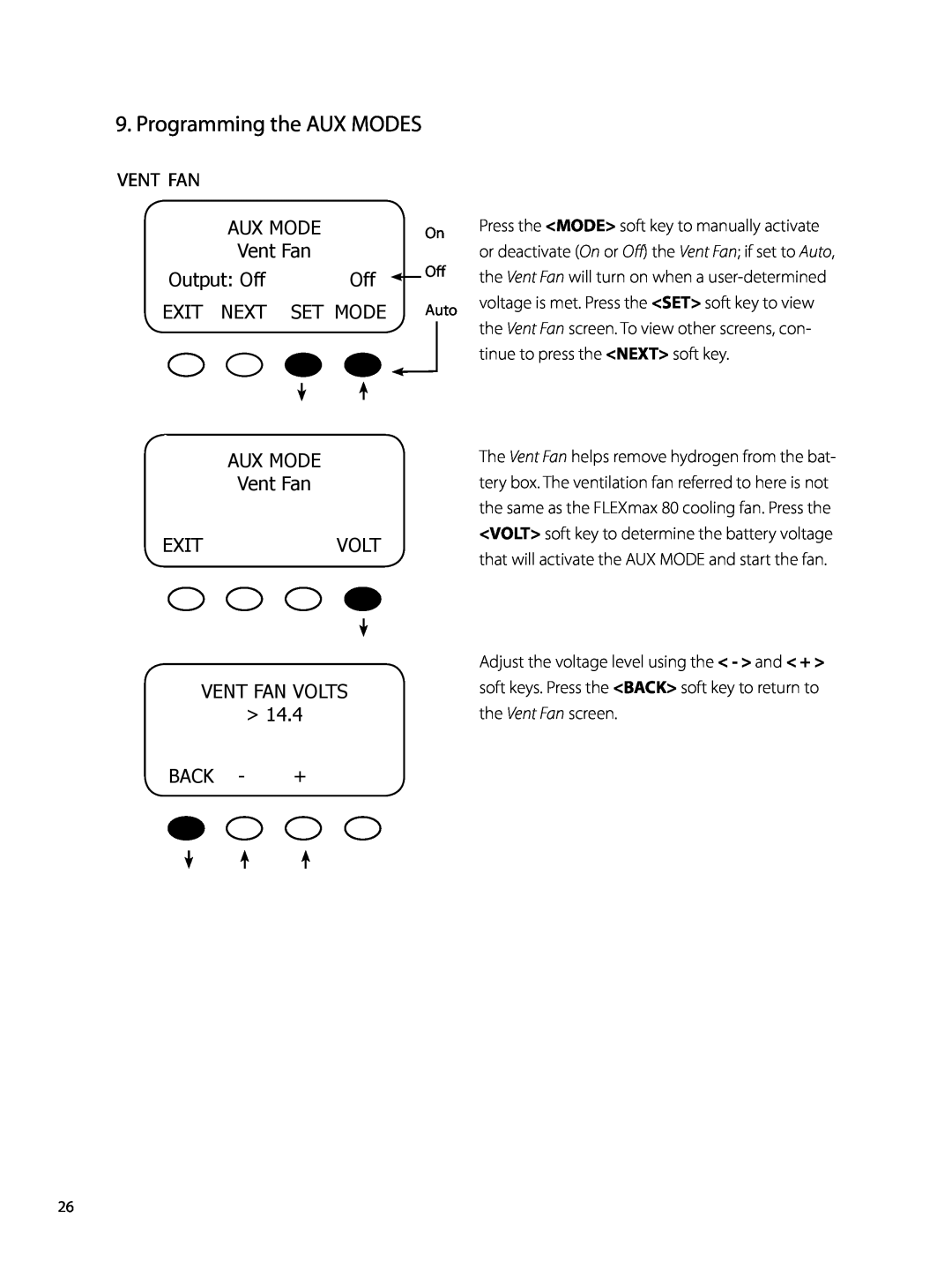 Outback Power Systems 80 user manual Programming the AUX MODES, Vent Fan, Exit Next, Set Mode, Aux Mode, Output Off 