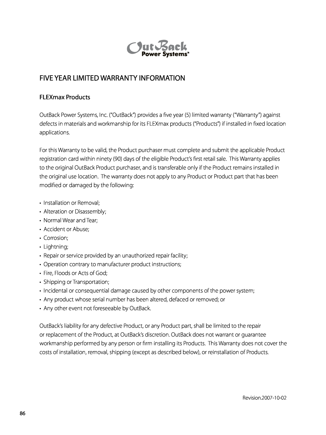 Outback Power Systems 80 user manual Five Year Limited Warranty Information, FLEXmax Products 