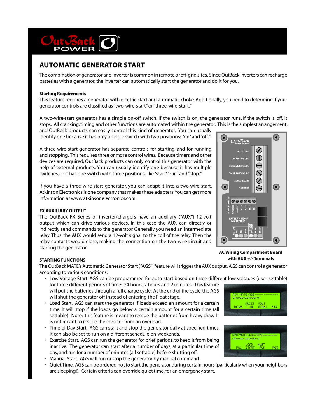 Outback Power Systems Automatic Generator Start manual Starting Requirements 