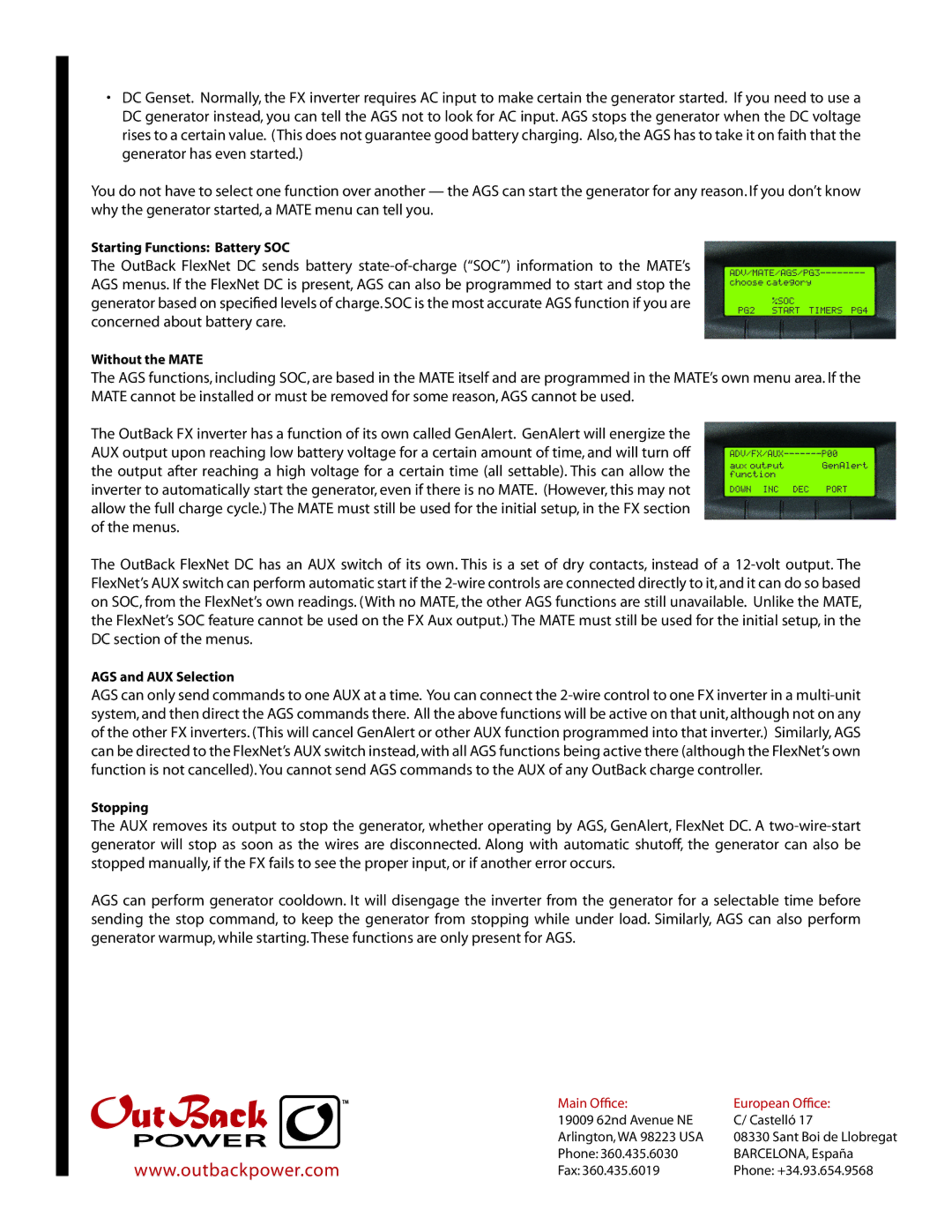 Outback Power Systems Automatic Generator Start Starting Functions Battery SOC, Without the Mate, AGS and AUX Selection 