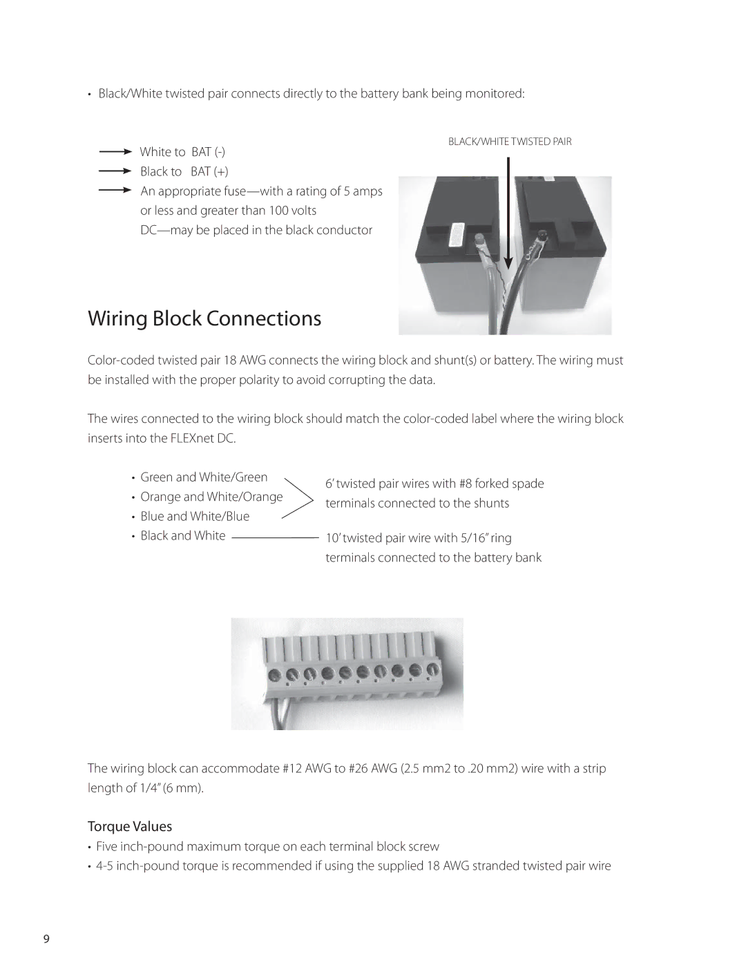 Outback Power Systems DC manual Wiring Block Connections, Torque Values, White to BAT Black to BAT + 