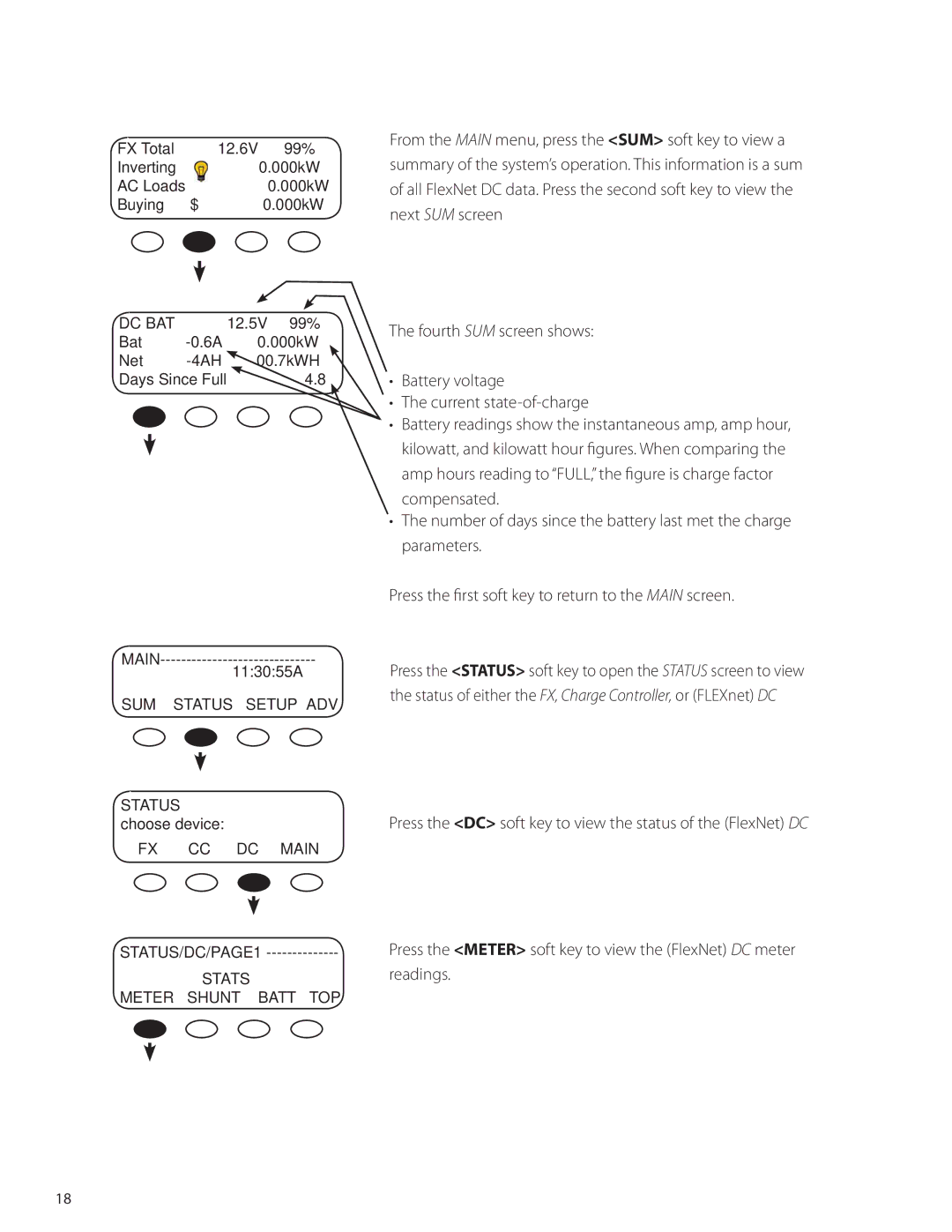 Outback Power Systems manual Press the DC soft key to view the status of the FlexNet DC, Readings 