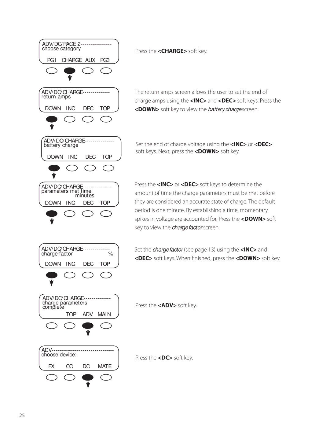 Outback Power Systems manual Press the Charge soft key, Press the ADV soft key Press the DC soft key 