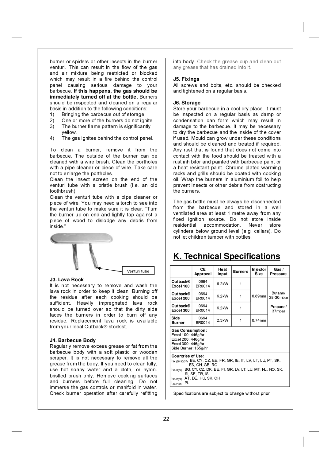 Outback Power Systems Excel 300 Technical Specifications, J3. Lava Rock, J4. Barbecue Body, J5. Fixings, J6. Storage 