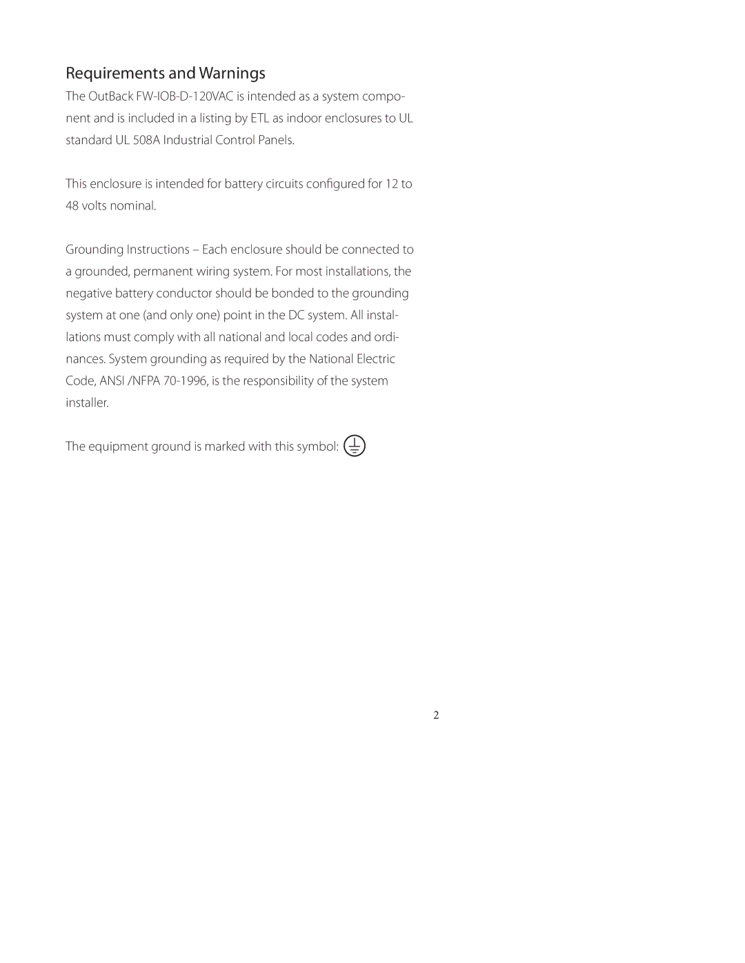 Outback Power Systems FW-IOB-D-120VAC Requirements and Warnings, Equipment ground is marked with this symbol 