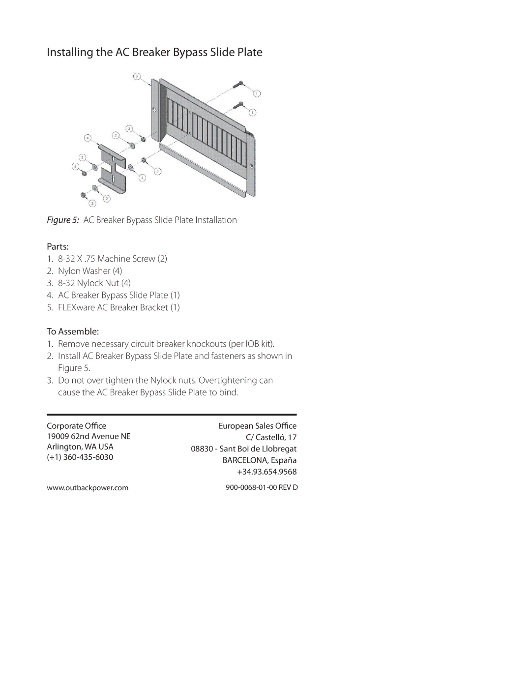 Outback Power Systems FW-IOB-D-120VAC installation instructions Installing the AC Breaker Bypass Slide Plate 