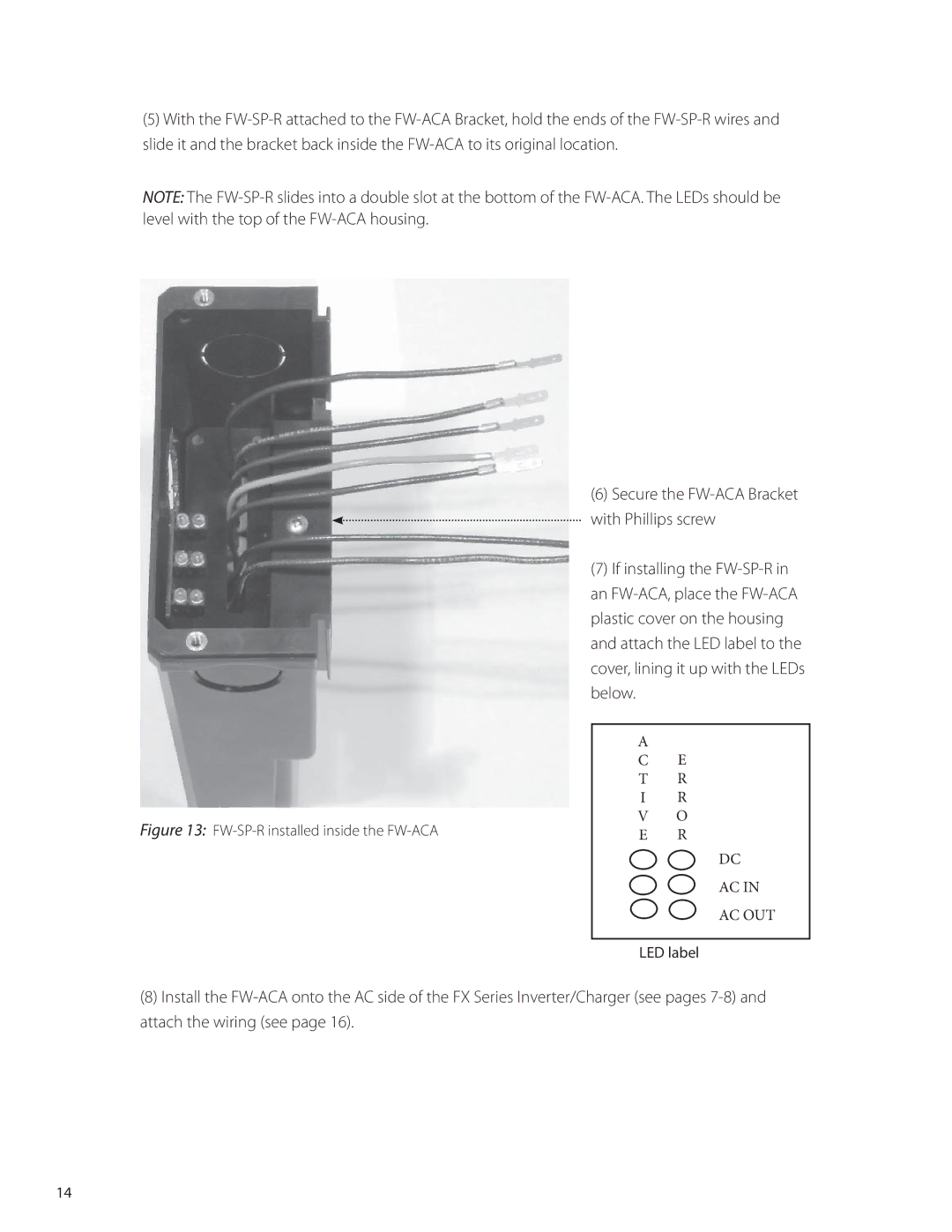 Outback Power Systems FW-SP-250, FW-SP-ACA manual FW-SP-R installed inside the FW-ACA, LED label 