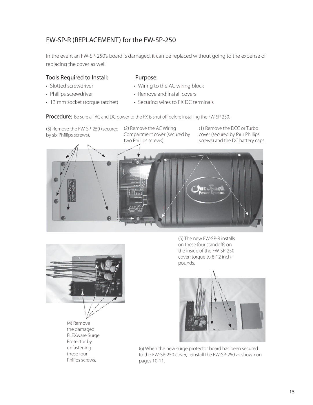 Outback Power Systems FW-SP-ACA manual FW-SP-R Replacement for the FW-SP-250, Securing wires to FX DC terminals 