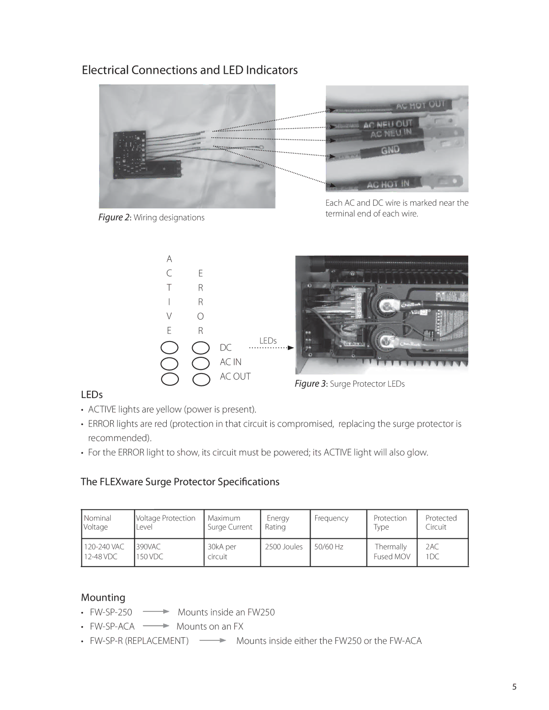 Outback Power Systems FW-SP-250 Electrical Connections and LED Indicators, LEDs, FLEXware Surge Protector Specifications 