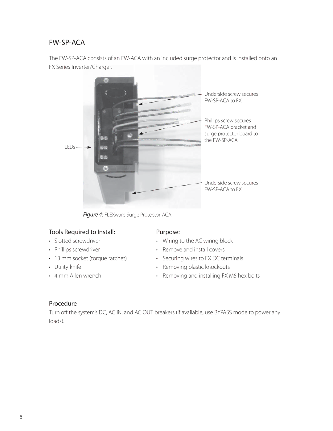 Outback Power Systems FW-SP-250 Tools Required to Install Purpose, Procedure, Underside screw secures FW-SP-ACA to FX 