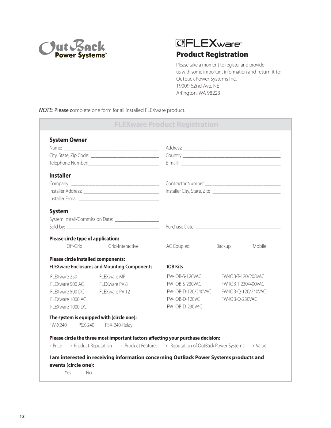 Outback Power Systems FW-X240 installation manual FLEXware Product Registration 