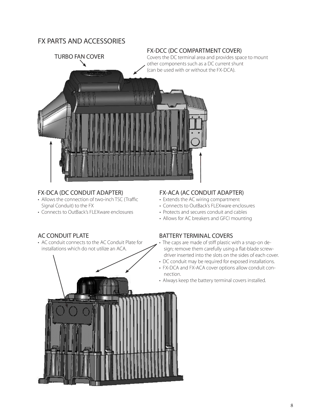 Outback Power Systems FX 2024 T installation manual Turbo FAN Cover FX-DCC DC Compartment Cover, FX-DCA DC Conduit Adapter 