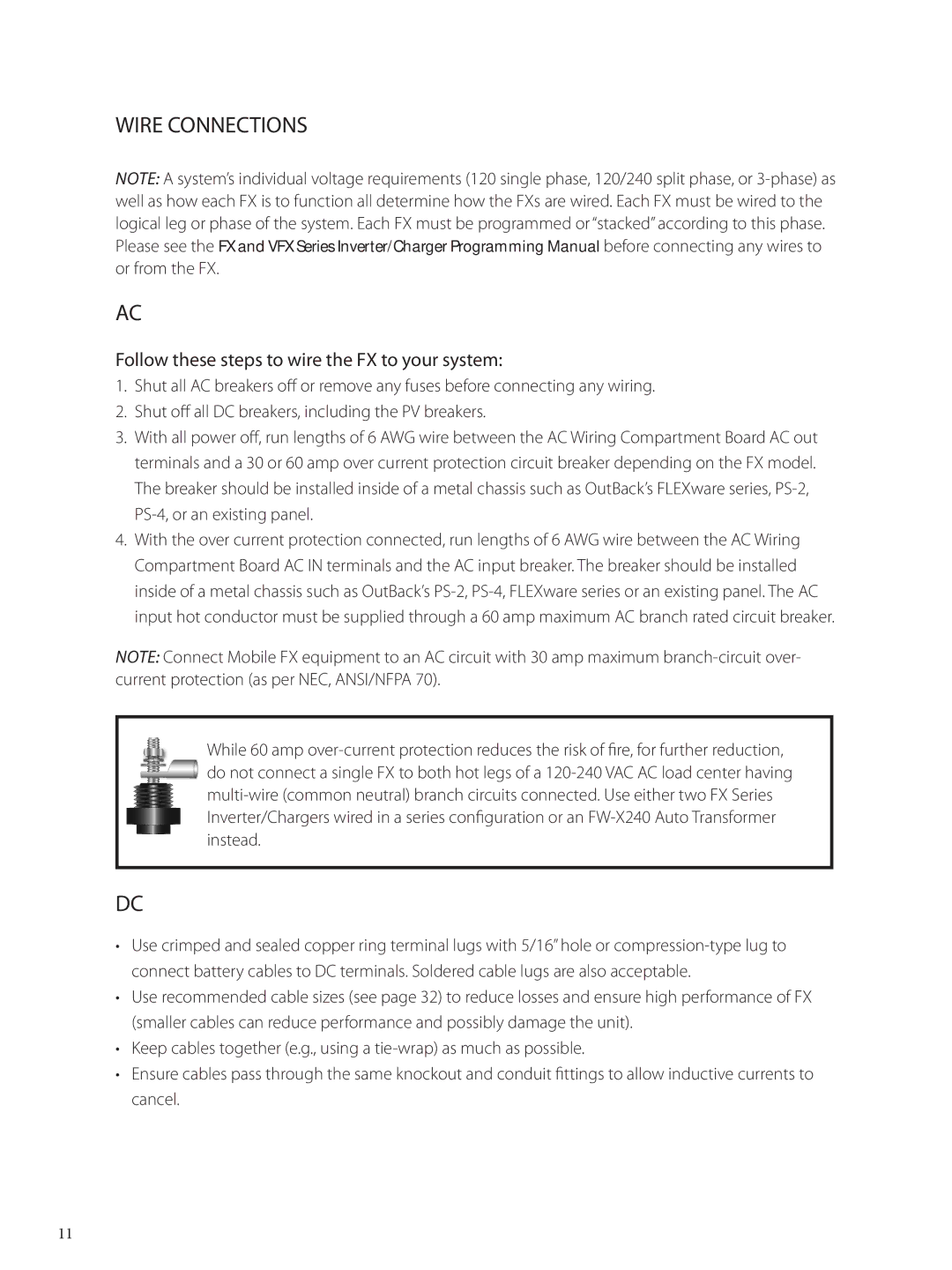 Outback Power Systems FX 2024 T installation manual Wire Connections, Follow these steps to wire the FX to your system 