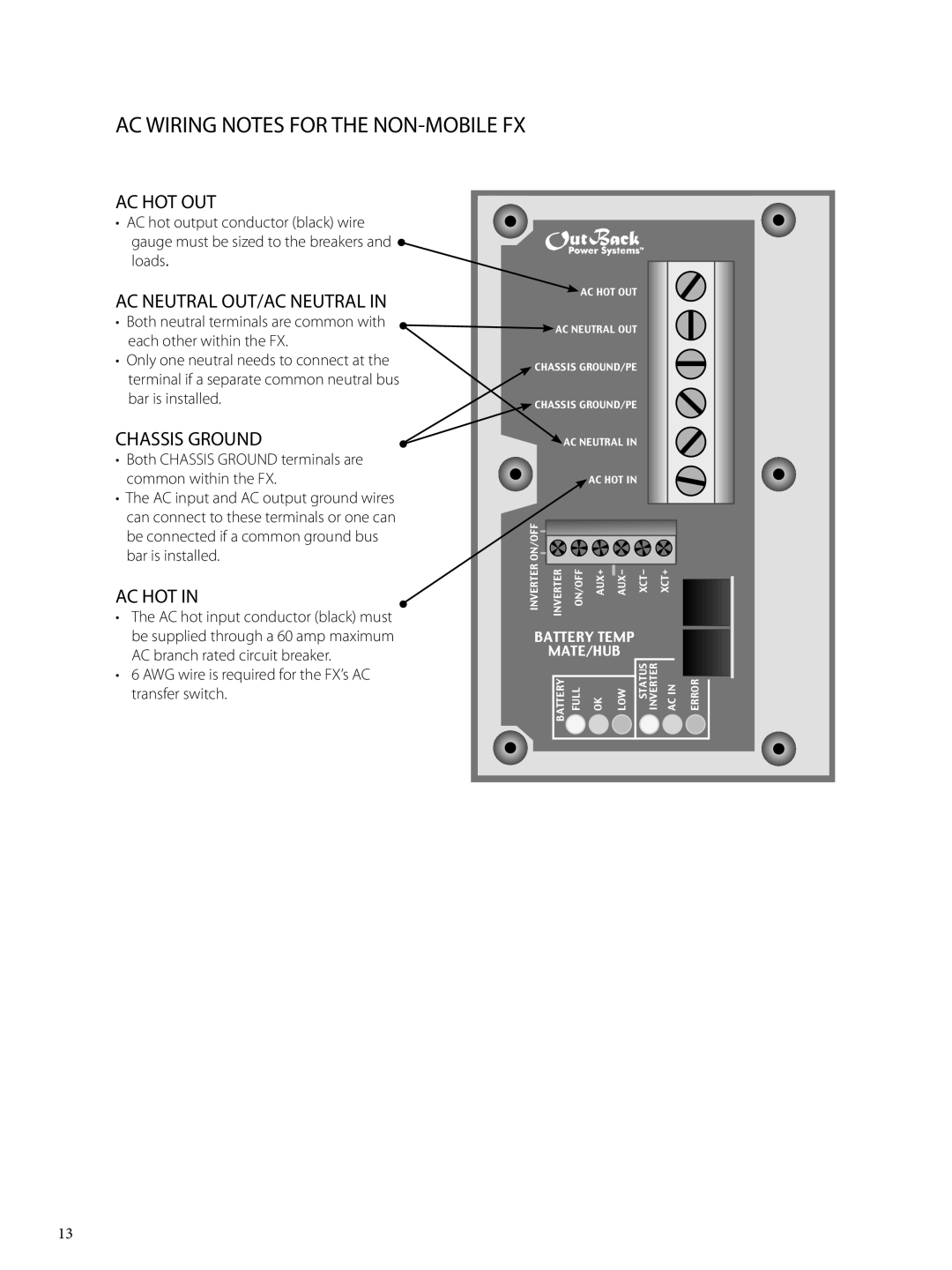 Outback Power Systems FX 2024 T AC Wiring Notes for the NON-MOBILE FX, Ac Hot Out, AC Neutral OUT/AC Neutral 