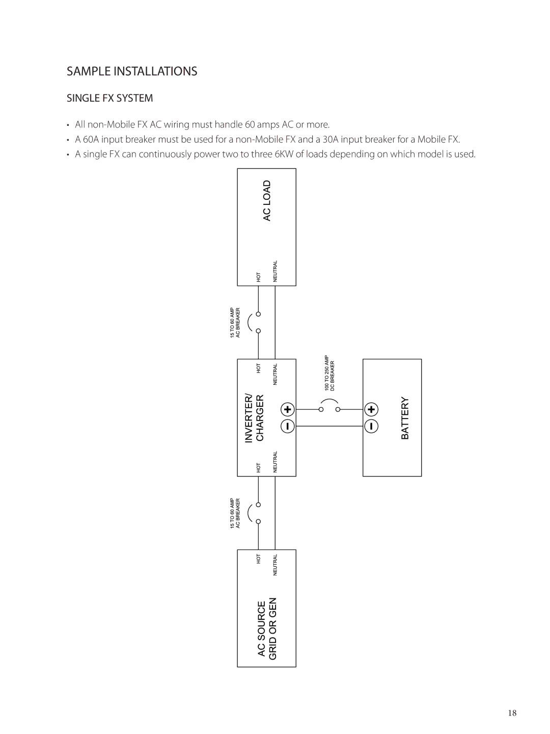 Outback Power Systems FX 2024 T installation manual Sample Installations, Single FX System 