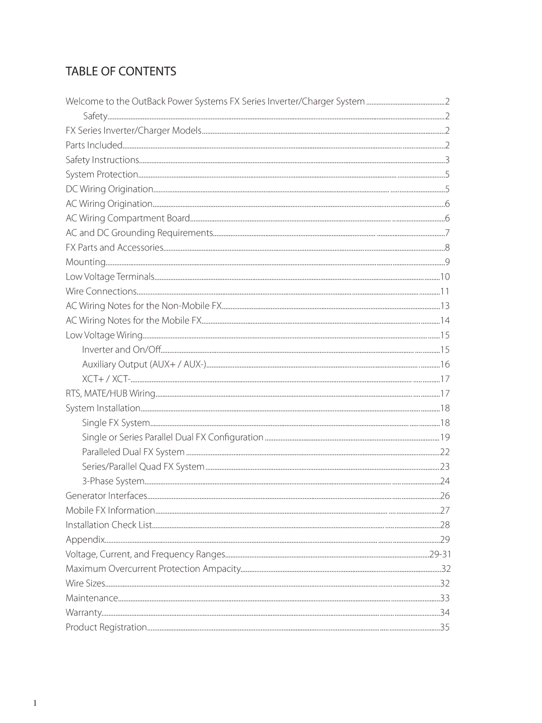 Outback Power Systems FX 2024 T installation manual Table of Contents 