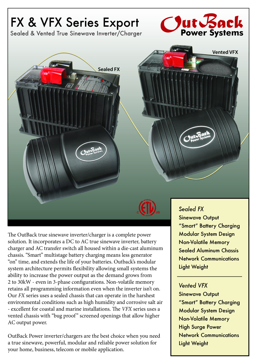 Outback Power Systems VFX Series manual Sealed FX, Vented VFX 