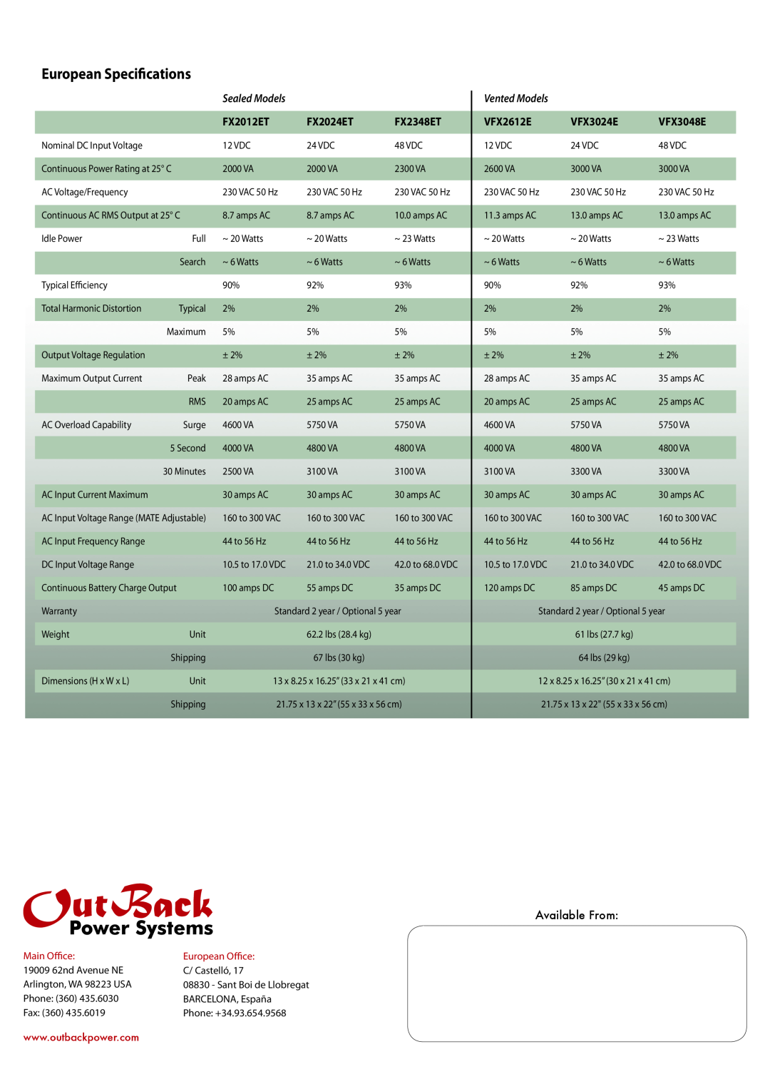 Outback Power Systems European Specifications, Sealed Models, FX2012ET, FX2024ET, FX2348ET, Vented Models, VFX2612E 