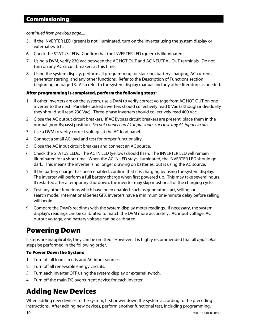 Outback Power Systems GFX1424E, GFX1312E, GFX1448E manual Powering Down, Adding New Devices 