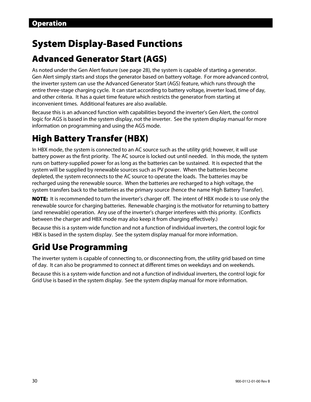 Outback Power Systems GFX1448E System Display-Based Functions, Advanced Generator Start AGS, High Battery Transfer HBX 