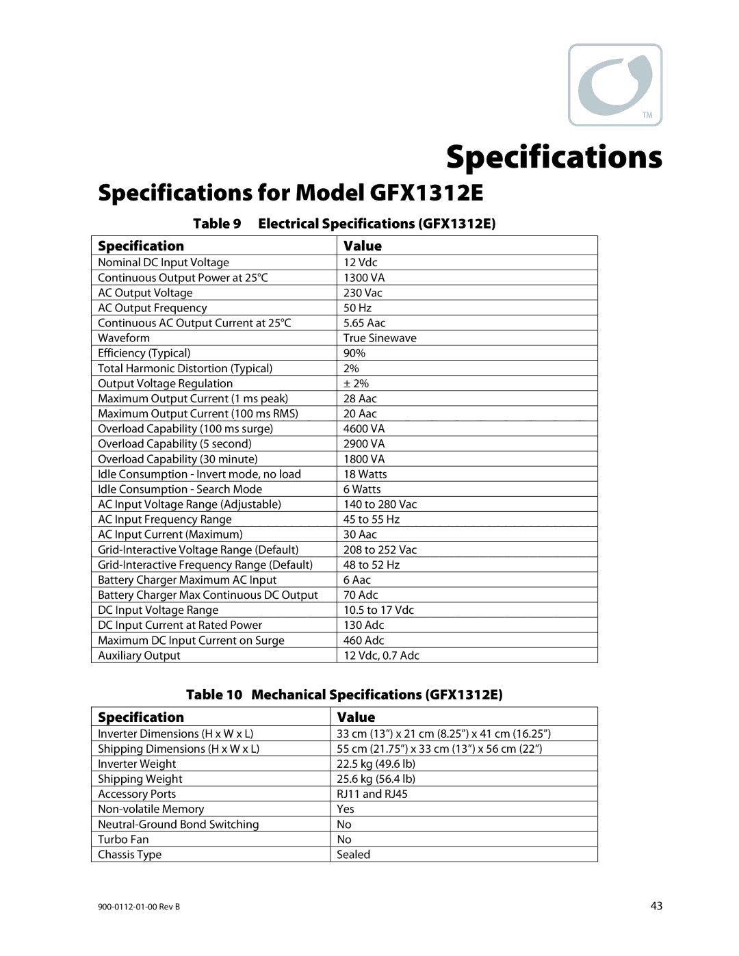 Outback Power Systems GFX1424E, GFX1448E Specifications for Model GFX1312E, Electrical Specifications GFX1312E Value 