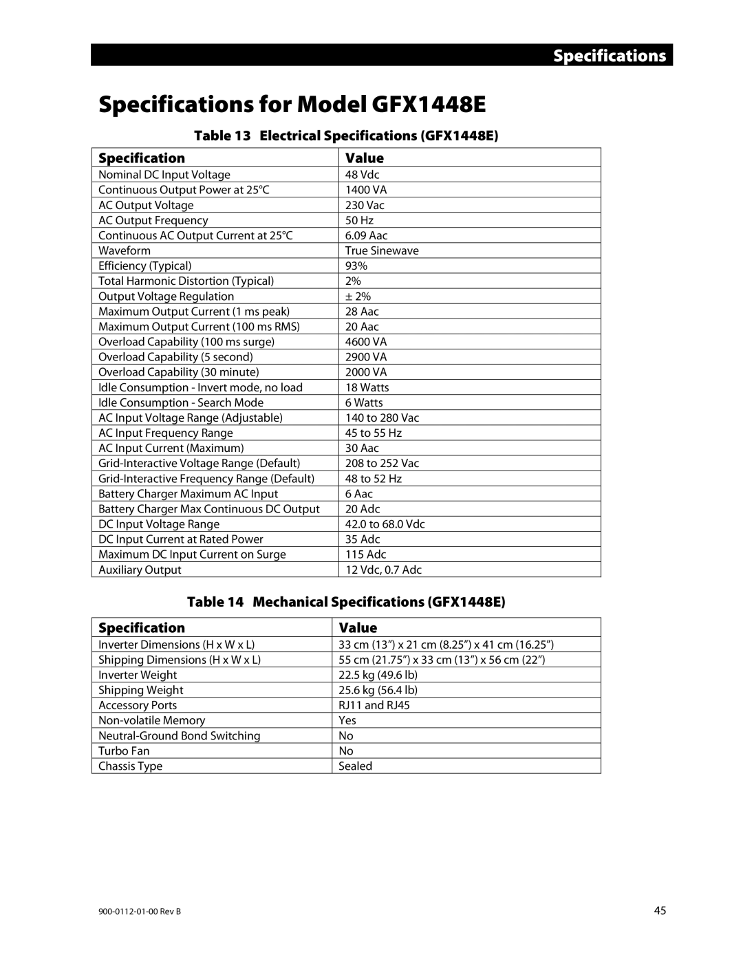 Outback Power Systems GFX1424E, GFX1312E Specifications for Model GFX1448E, Electrical Specifications GFX1448E Value 