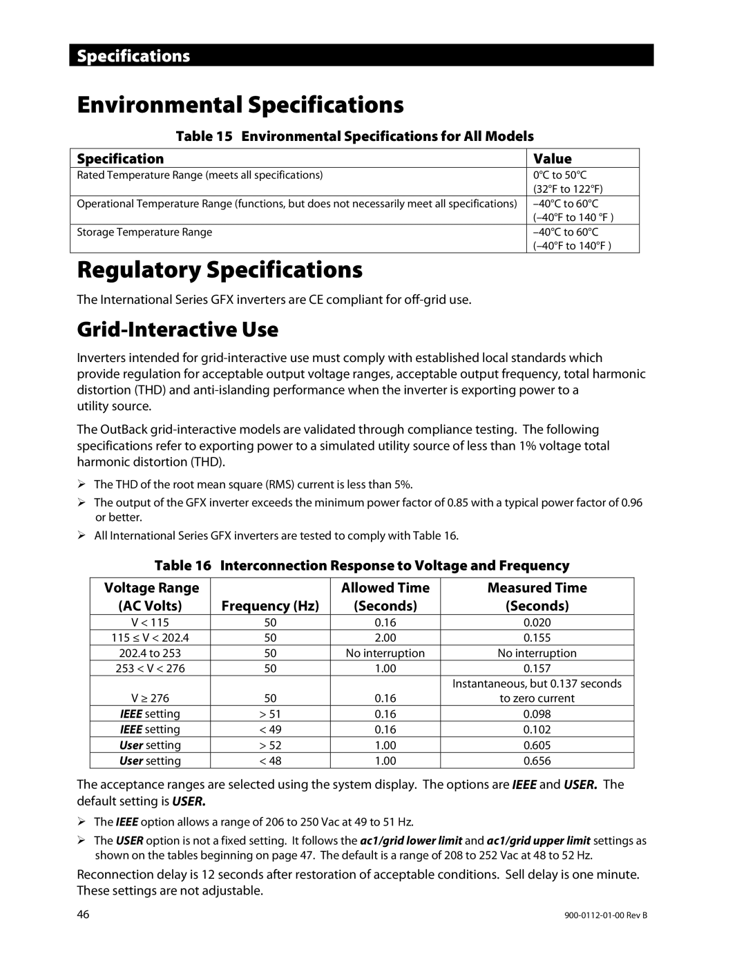 Outback Power Systems GFX1424E Environmental Specifications, Regulatory Specifications, Grid-Interactive Use, Frequency Hz 